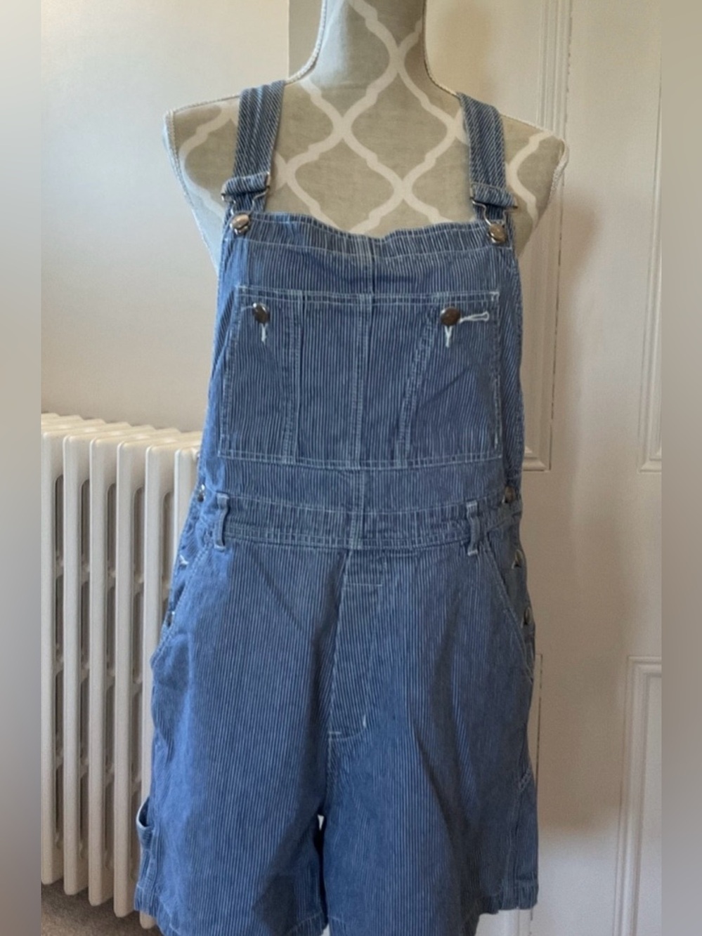 Vintage Recruit pin striped denim overall shorts